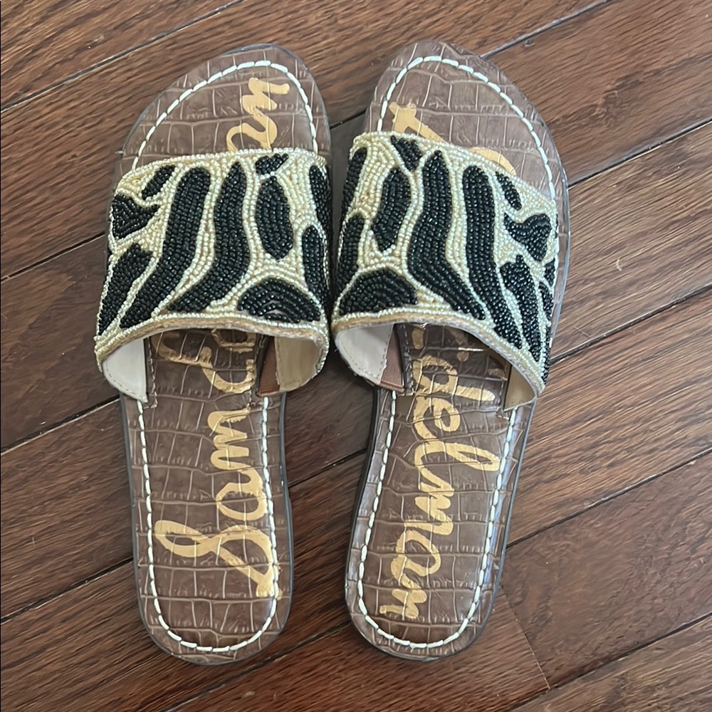 Sam Edelman Black and Cream Beaded Slide Sandals